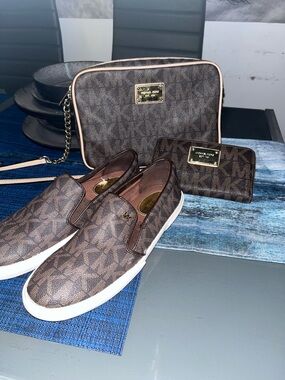 Michael Kors Women's Brown Logo Sneaker with Matching Wallet & Crossbody Purse